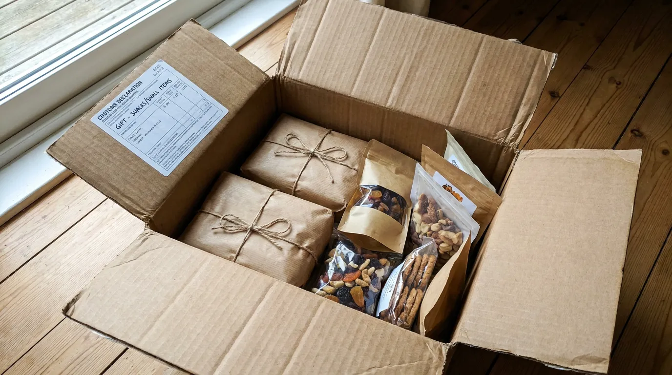 Ein geöffneter Kartonversandkarton mit einem Zollerklärungsaufkleber, der eingewickelte kleine Geschenke enthält