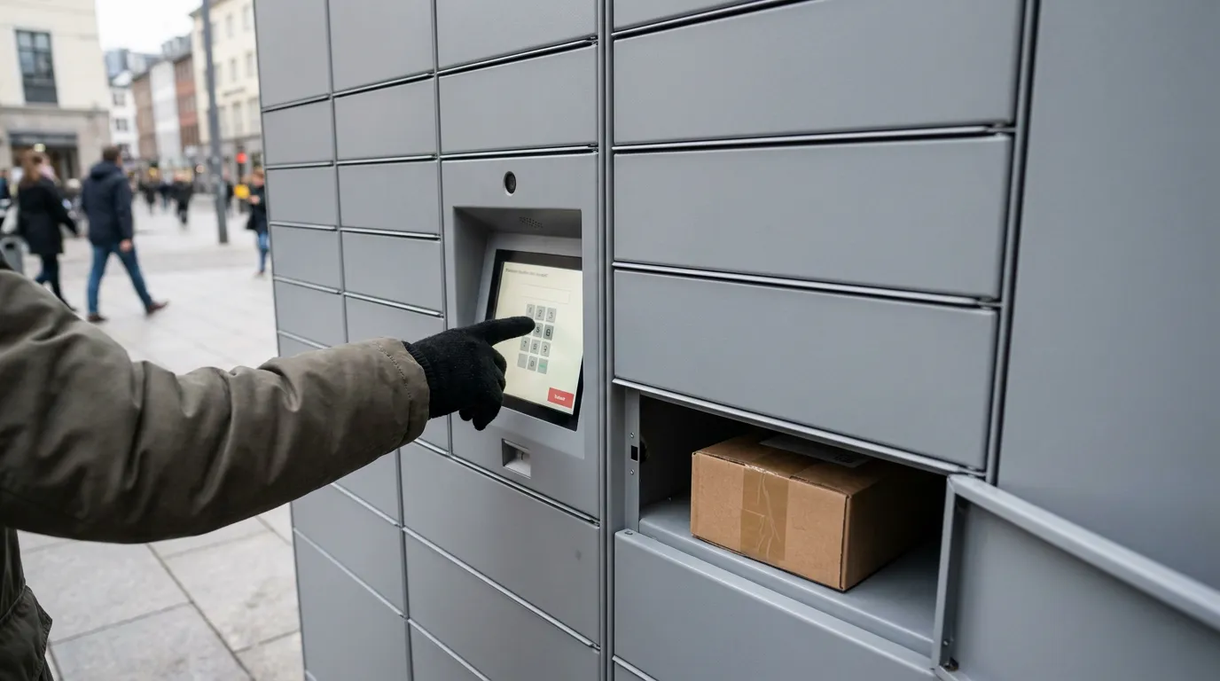 A wall of self-service parcel lockers with one door open and a small package inside