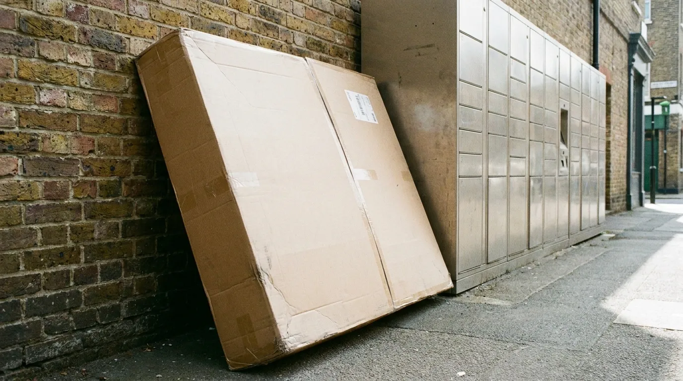 Una caja de cochecito de bebé plegada junto a una pared de taquillas de paquetería, claramente demasiado grande para caber dentro
