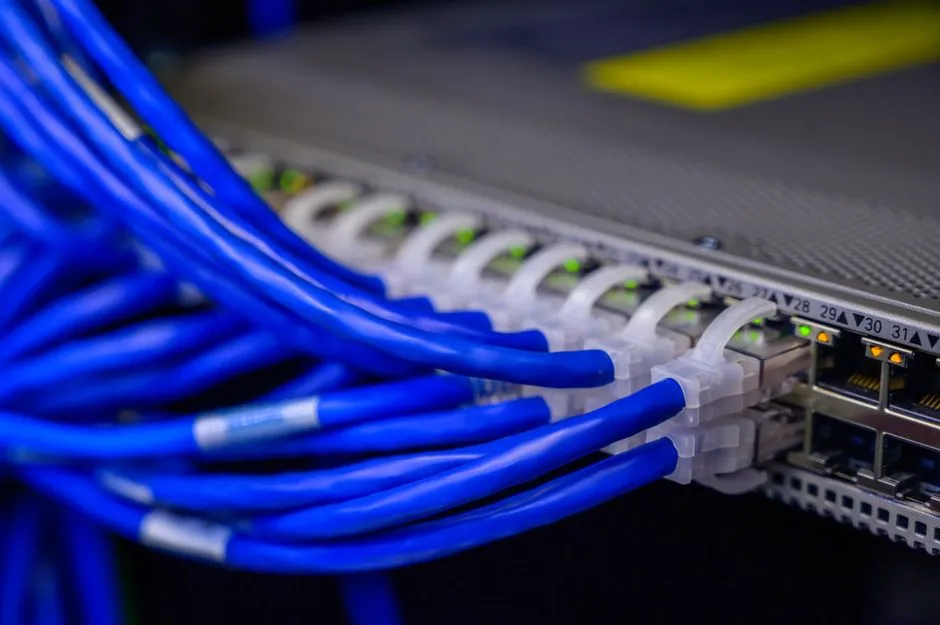 A bundle of blue ethernet cables plugged into a network switch with status lights, cable ties keeping each connection organized