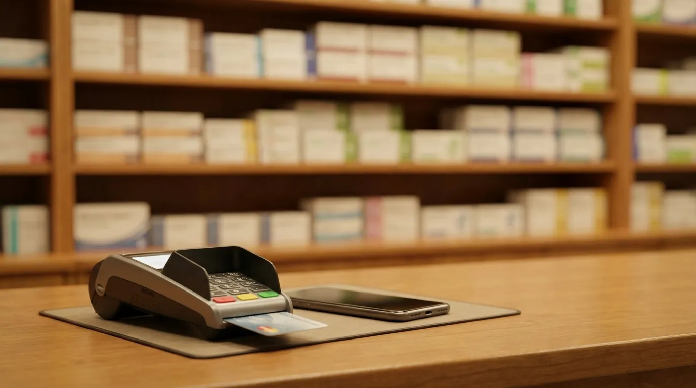 Eine Nahaufnahme eines Apothekentresens mit einem Kartenlesegerät und einem daneben liegenden Smartphone, warmes Innenlicht, keine Personen, keine sichtbaren Logos oder Markennamen