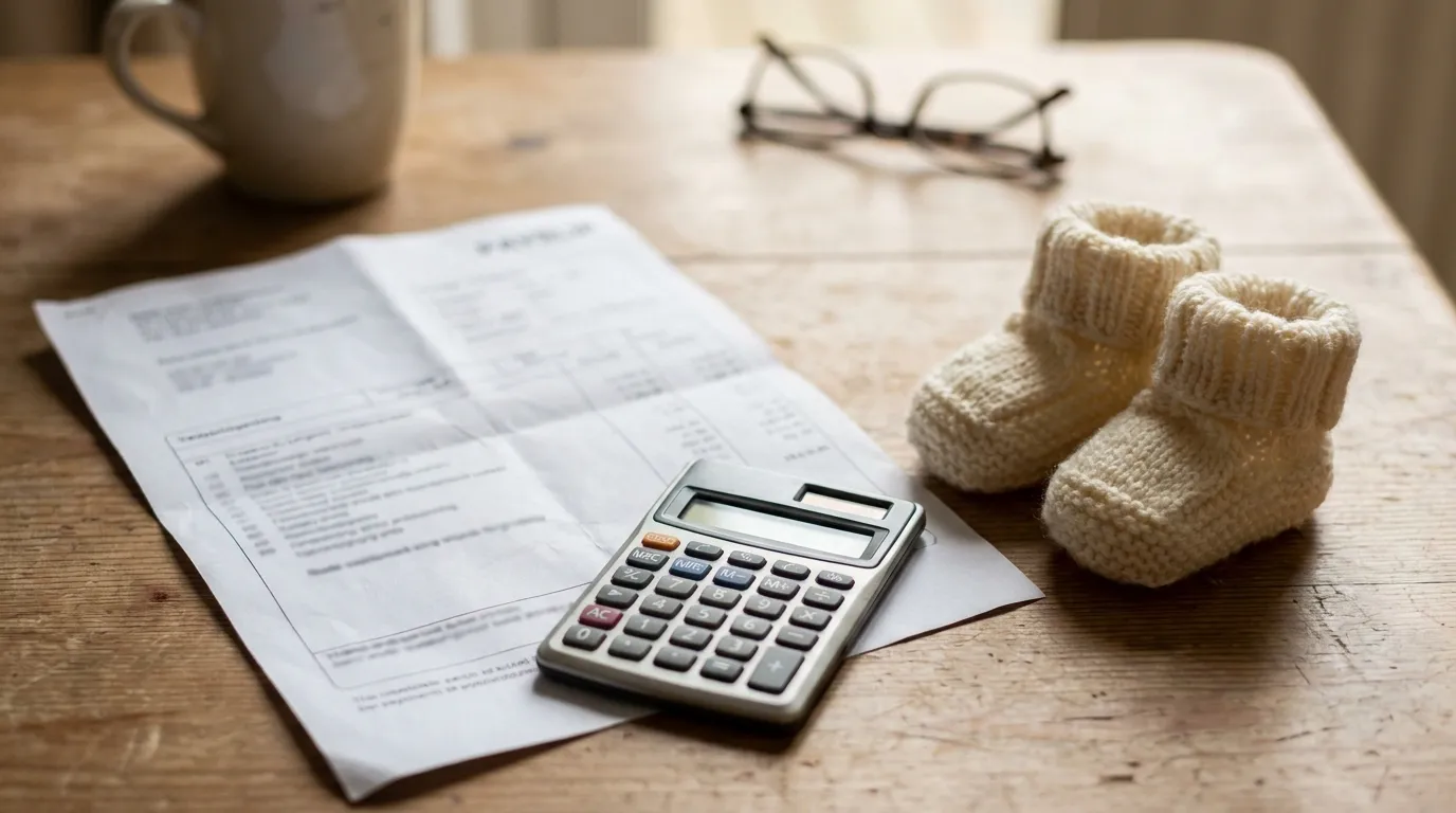 A German-style payslip document beside a calculator and a pair of tiny knitted baby booties on a table