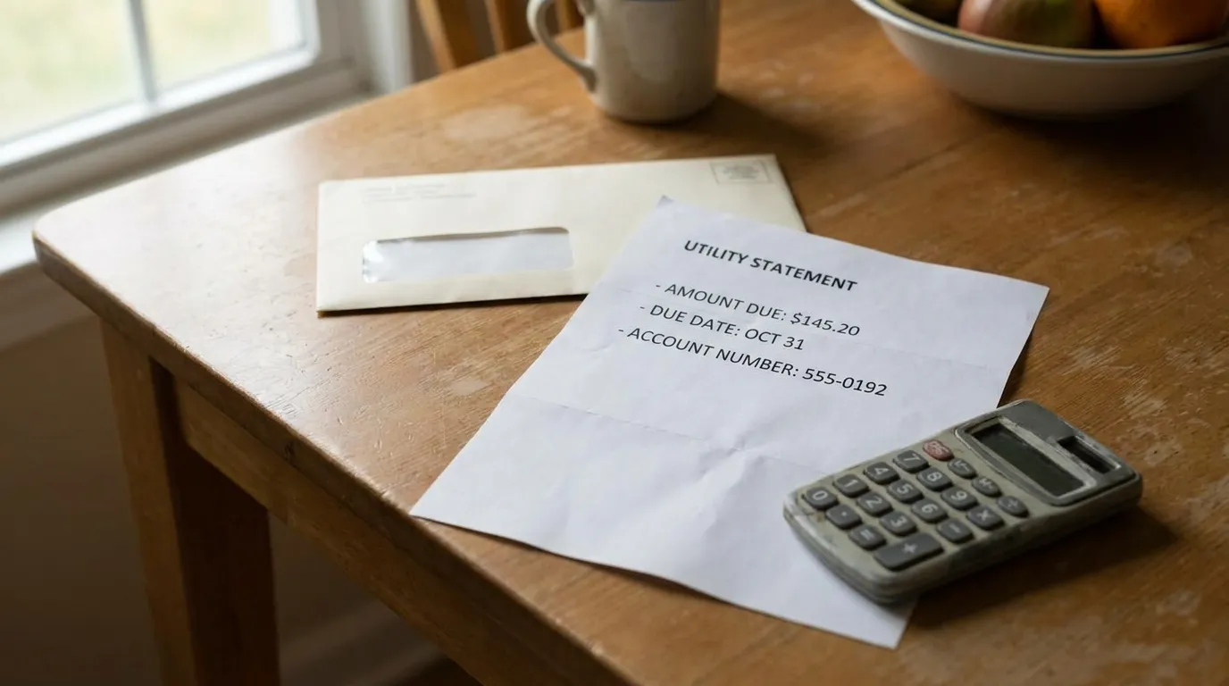 Un sobre de factura de servicios y una hoja de factura impresa junto a una calculadora sobre una mesa de cocina