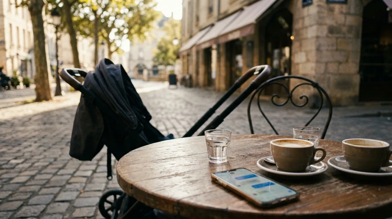 A café table with two coffee cups, a folded stroller in the background, and a smartphone showing a generic messaging app interface