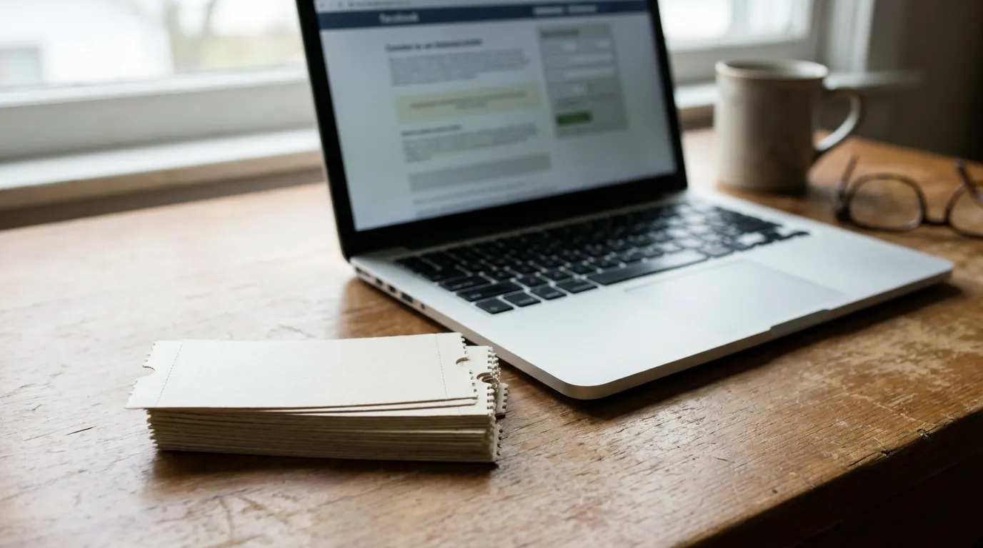 Ein Stapel leerer Papier-Eventtickets neben einem Laptop mit einer unscharf sichtbaren Veranstaltungsanmeldeseite
