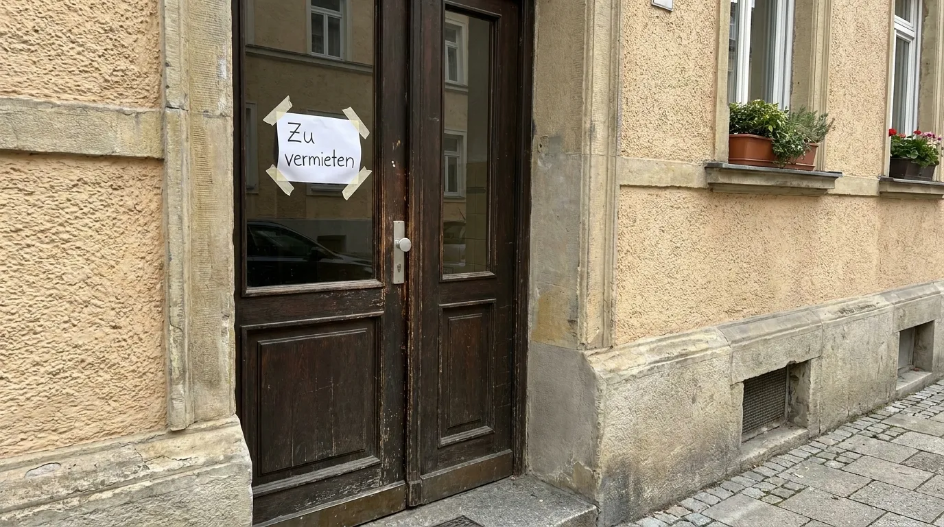 Ein generischer Wohnhauseingang mit einem handgeschriebenen 'zu vermieten'-Zettel, von innen an ein Fenster geklebt