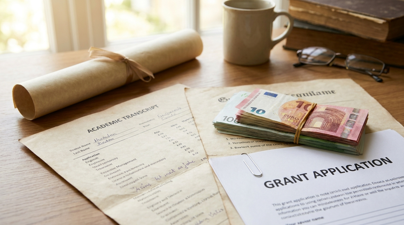 Yabancı bir diploma ve akademik transkript, yanında bir tomar euro banknot ve hibe başvuru çıktısı