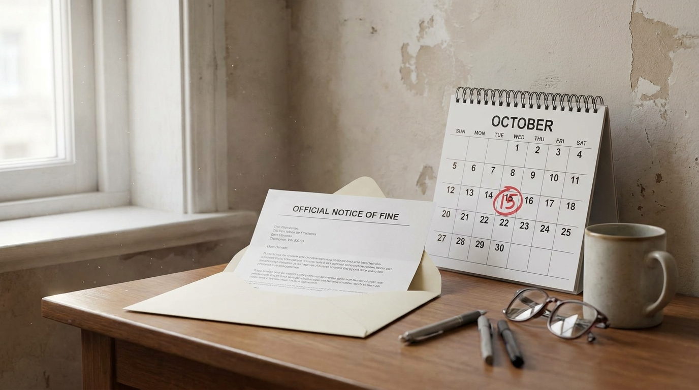 An opened official fine notice envelope and letter next to a wall calendar with a date circled in red