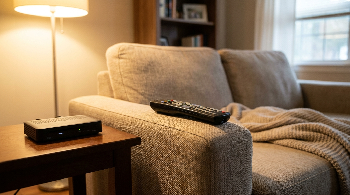 A television remote control resting on a couch arm beside a cable box