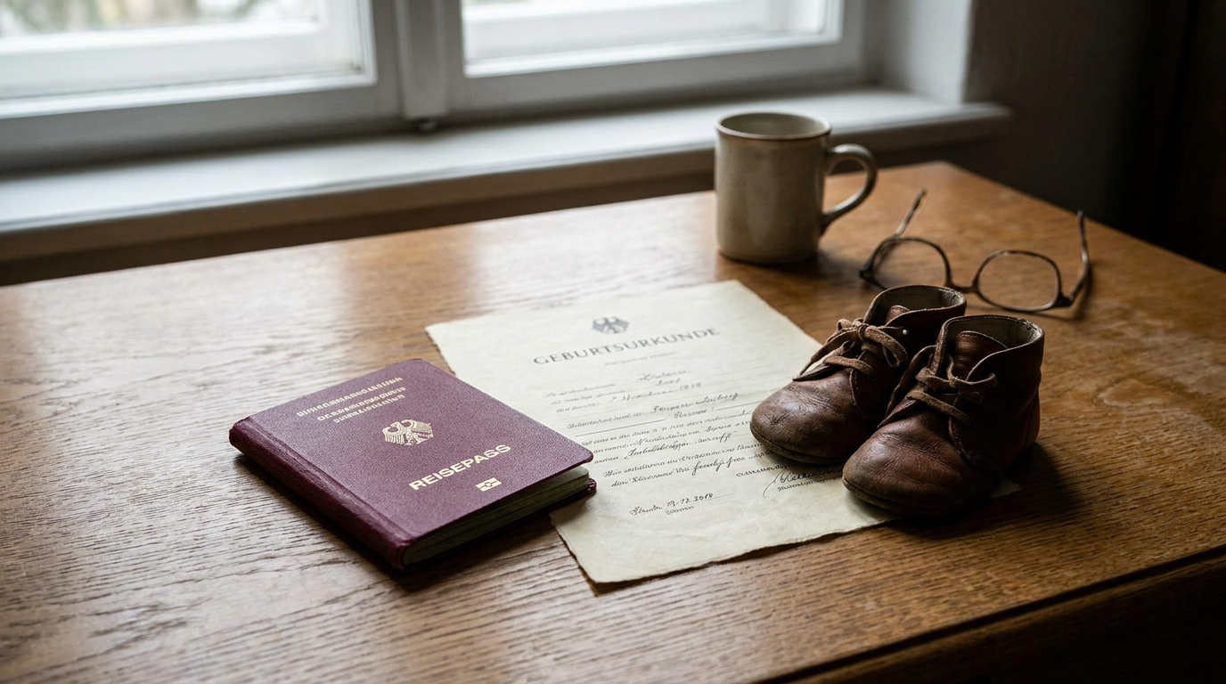 Bir masada duran Alman pasaportu, yanında bebek doğum belgesi ve küçük bir çift bebek ayakkabısı
