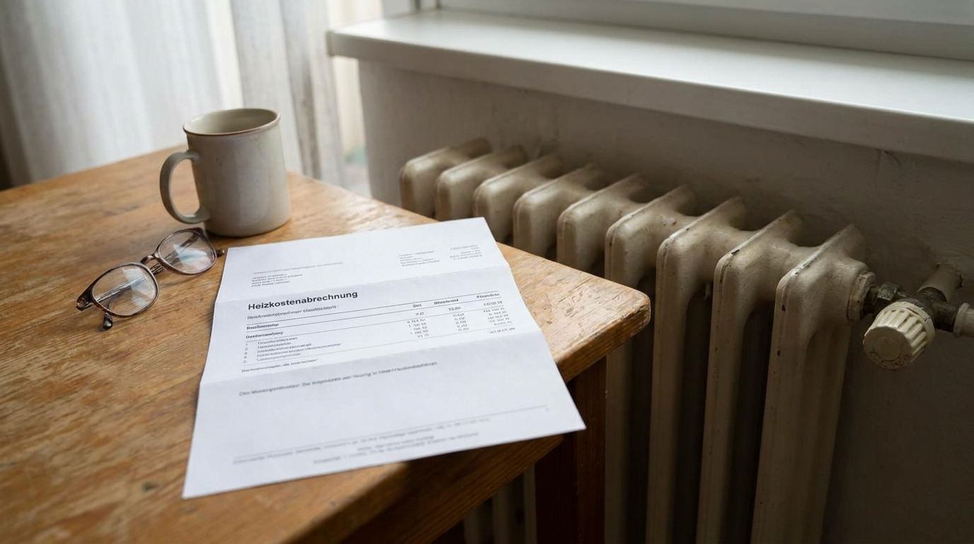 A German heating cost statement document resting on a table next to a radiator