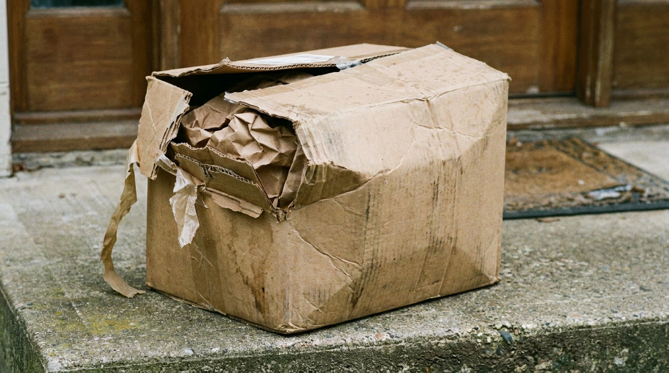 A damaged cardboard shipping box with a torn corner sitting on a doorstep