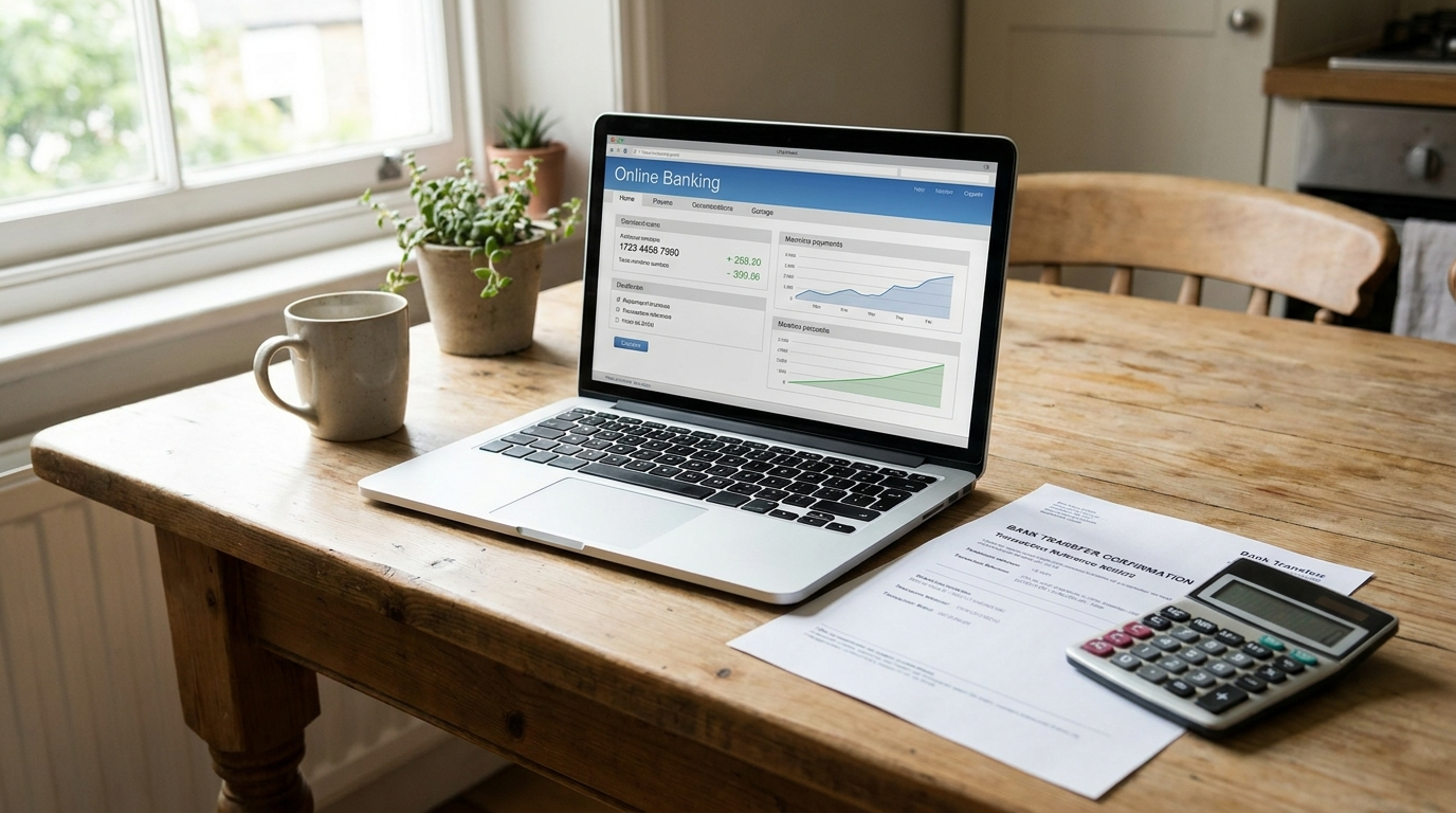 A kitchen table with a laptop open to an online banking screen, a printed bank transfer confirmation, and a calculator