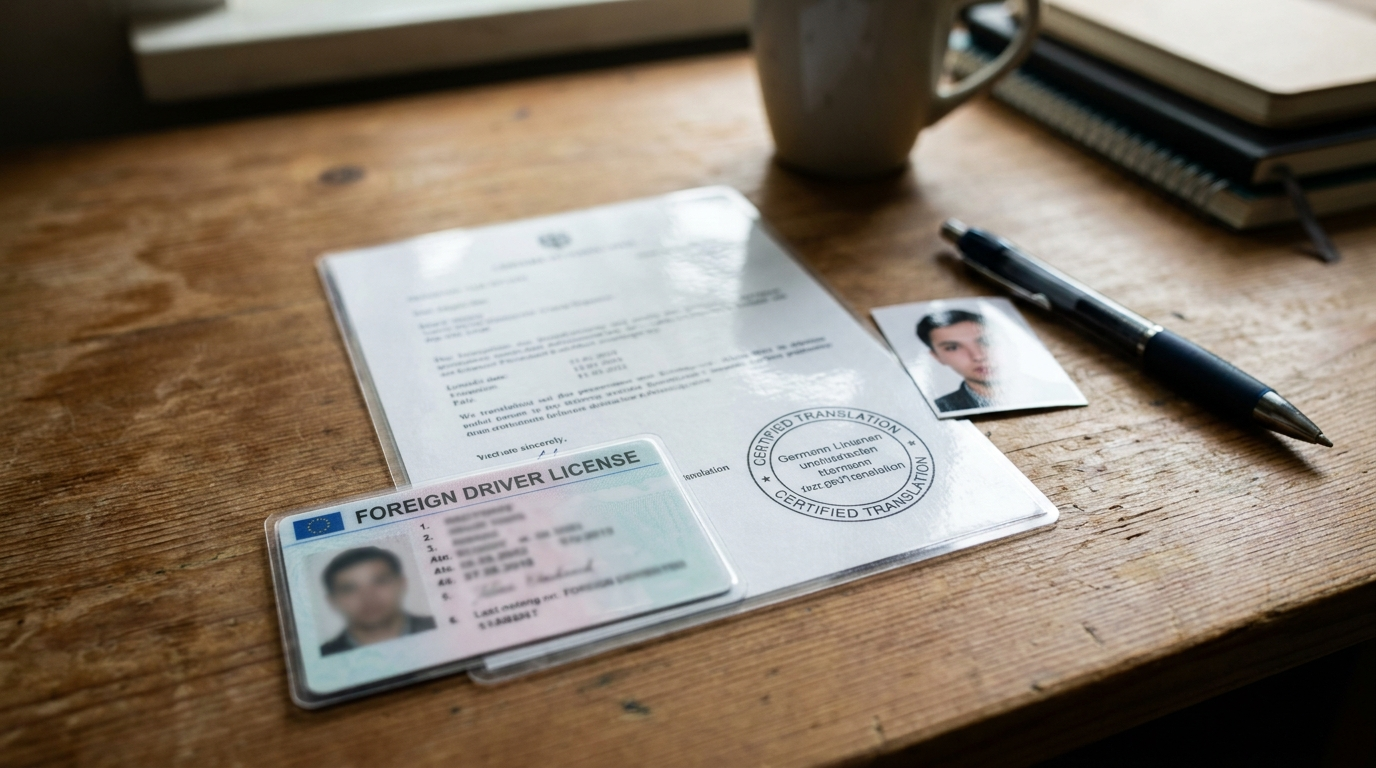 A foreign driver's license and its certified German translation resting on a desk next to a passport photo