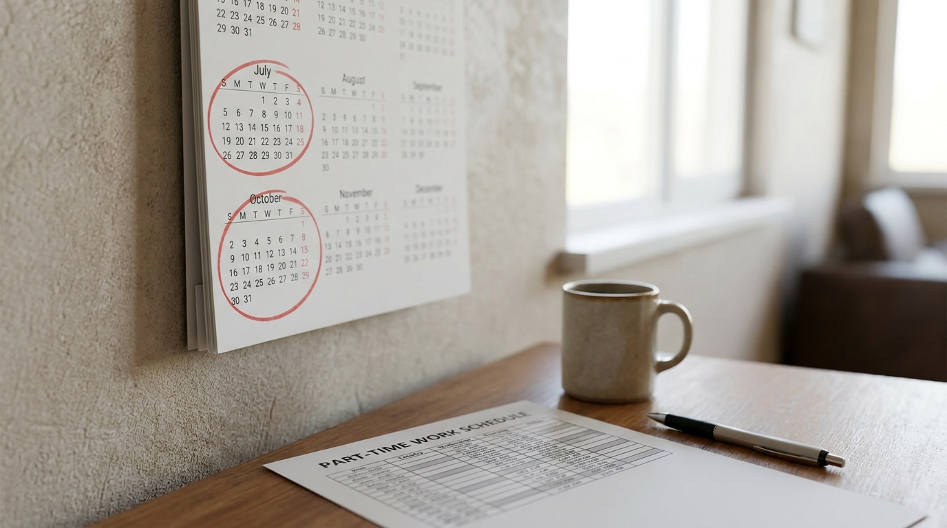 A wall calendar with two months circled and a part-time work schedule sheet resting on a desk