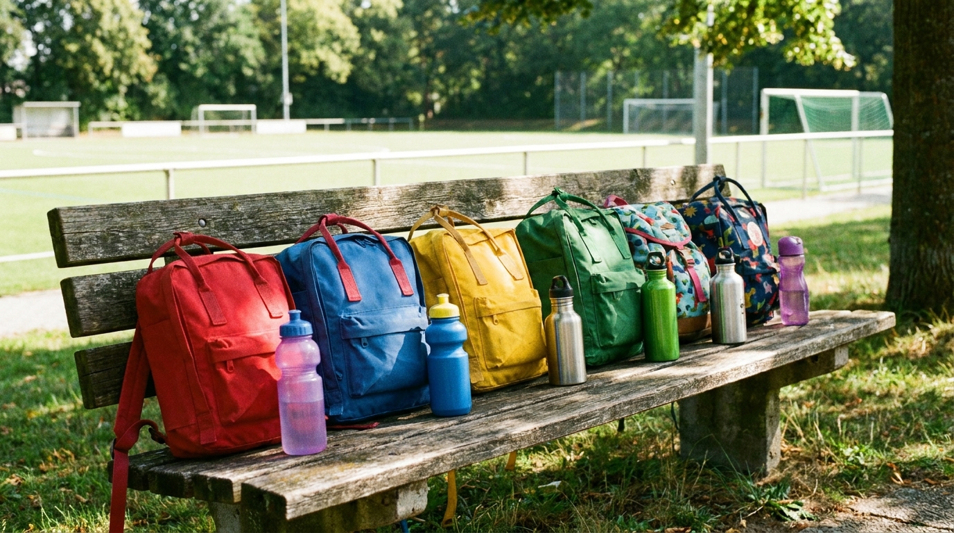 A row of colorful children's backpacks and water bottles lined up on an outdoor bench in front of a sports field