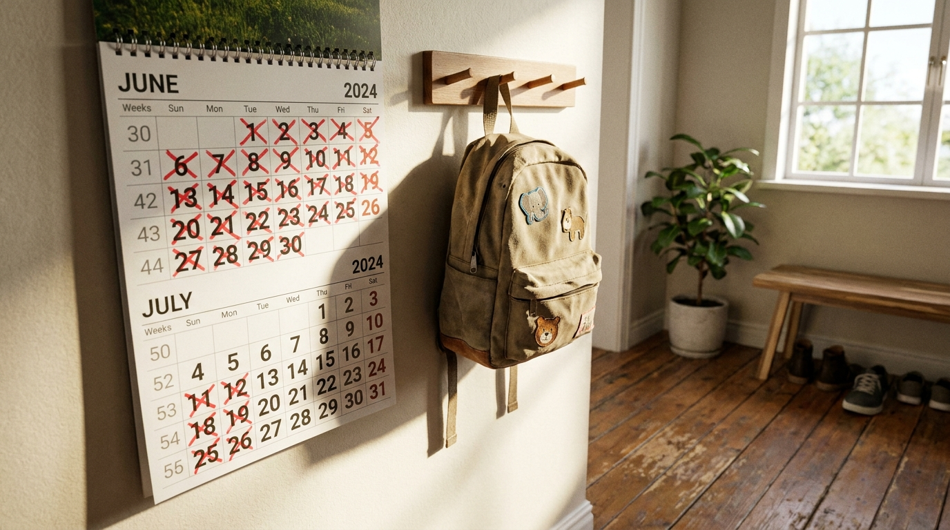 A wall calendar with several summer weeks crossed out in red marker, next to a small child's backpack hanging on a hook