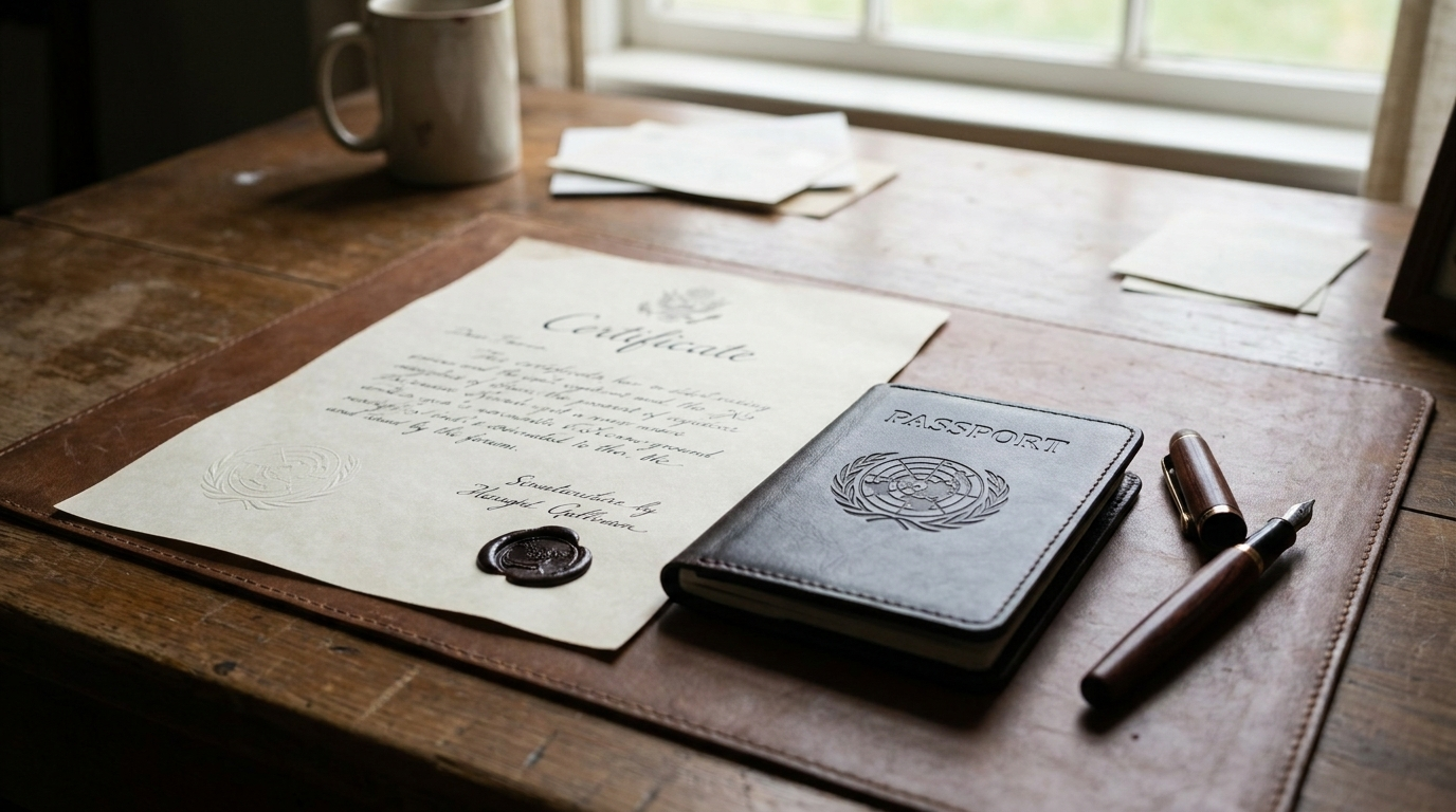 An official-looking paper certificate and a passport resting on a desk next to a fountain pen