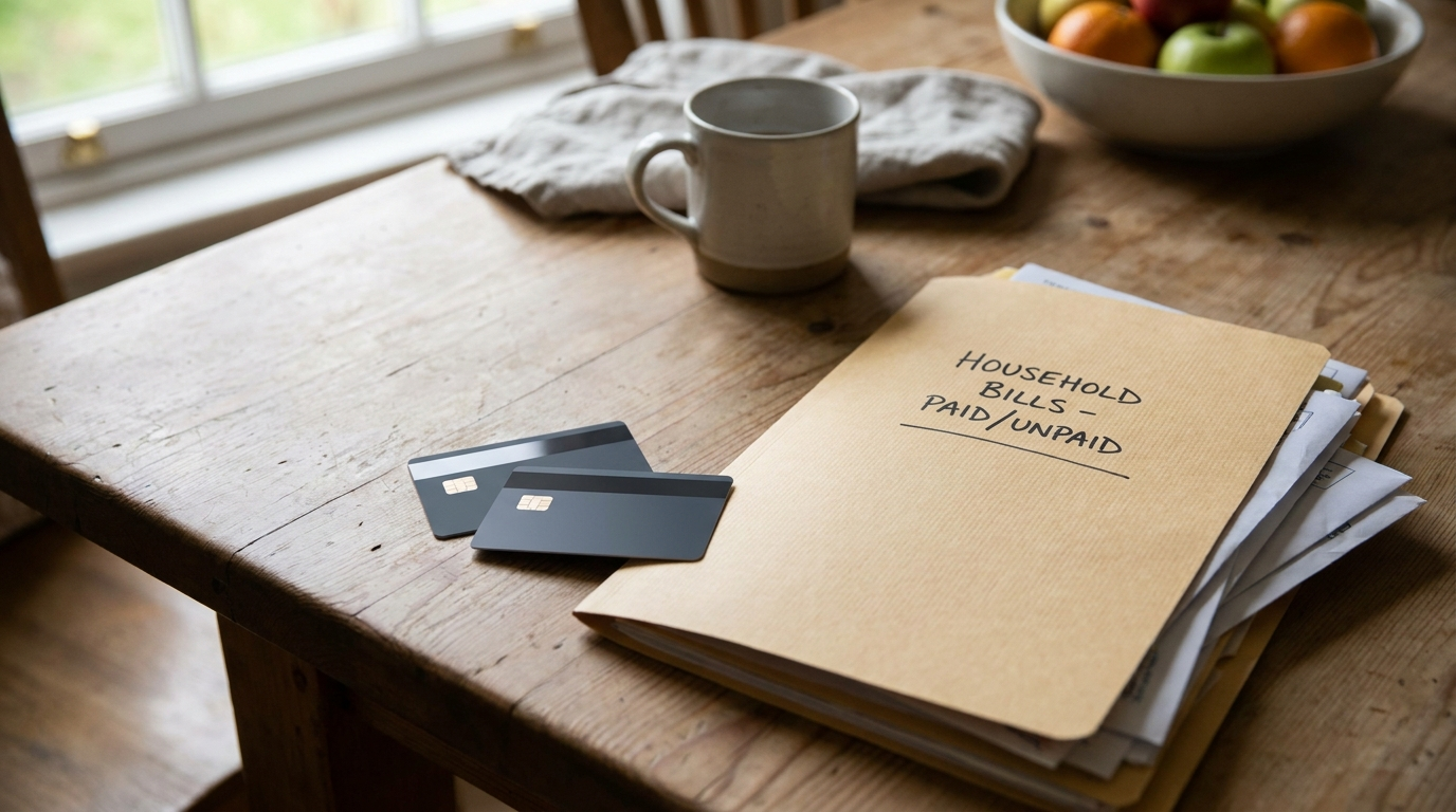Two bank cards and a household bills folder resting together on a kitchen table