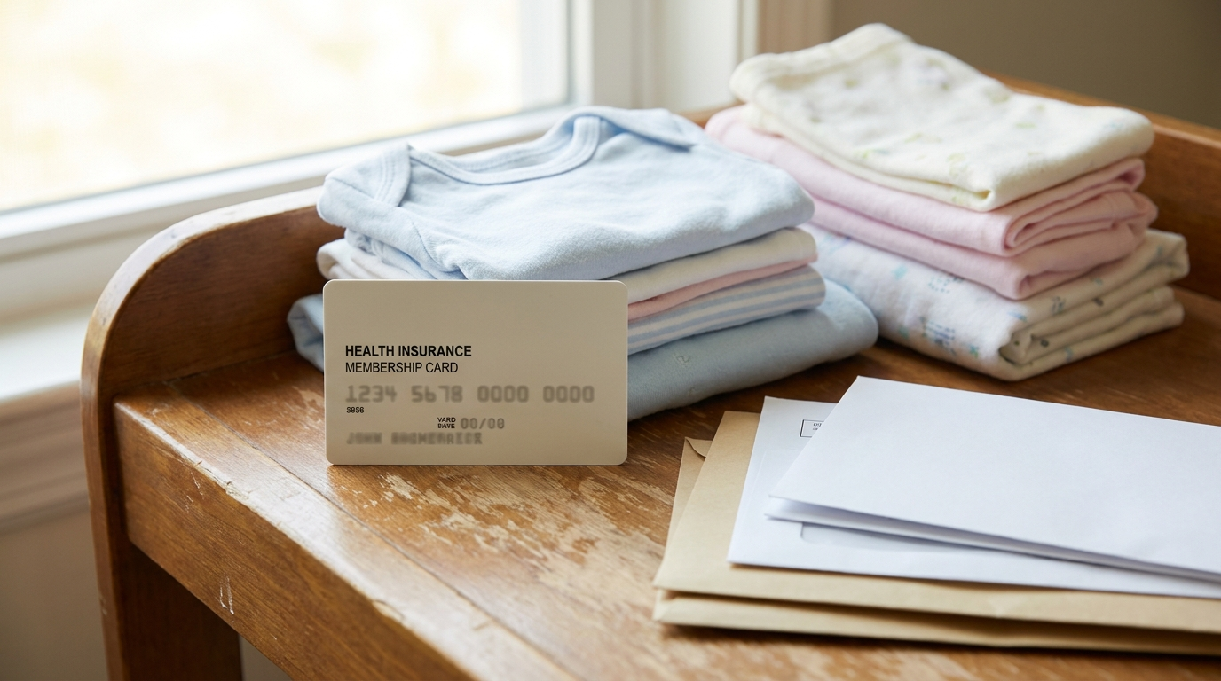 A generic health insurance membership card resting on a wooden changing table next to folded baby clothes and a small stack of documents