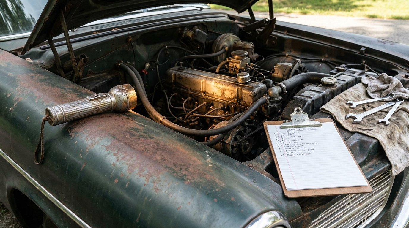 Bir tamircinin fenerle ve çamurluğun üzerinde duran bir panoyla incelediği açık bir araba motor bölmesi
