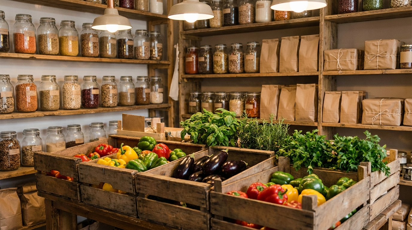 Crates of fresh produce and labeled spice jars displayed at an independent grocery stall