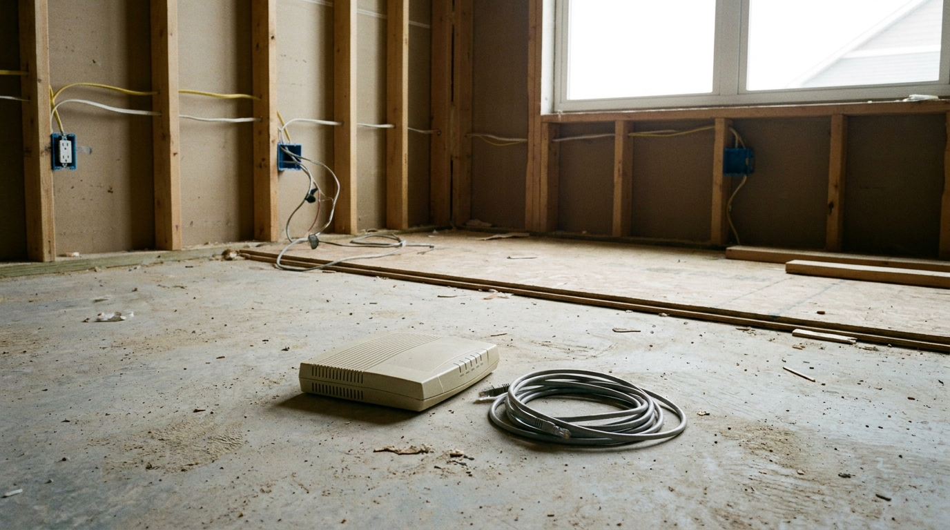 An unplugged modem and a coiled ethernet cable on the floor of a bare, unfinished new-construction room
