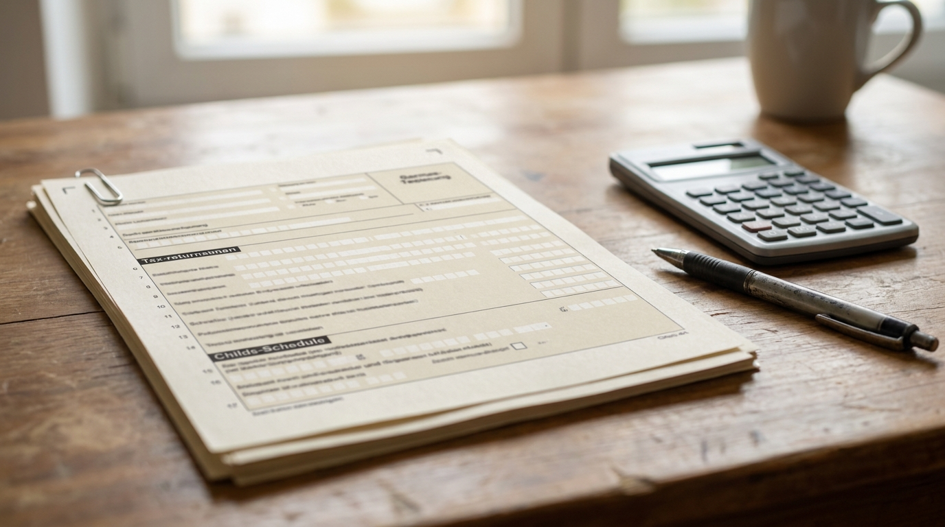 A German tax return form with an attached child schedule next to a calculator and a pen on a desk