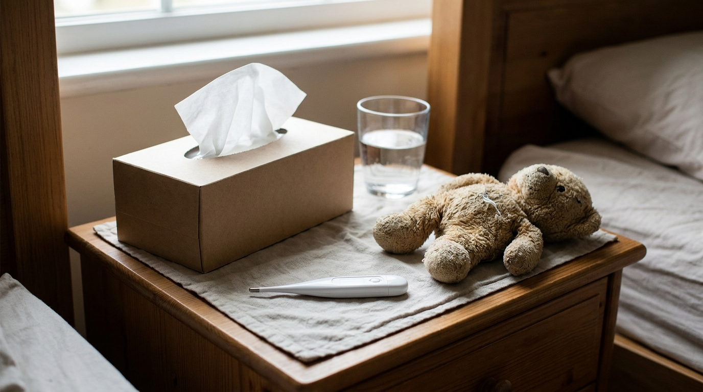 A child's digital thermometer, a box of tissues, and a glass of water on a nightstand beside a stuffed toy