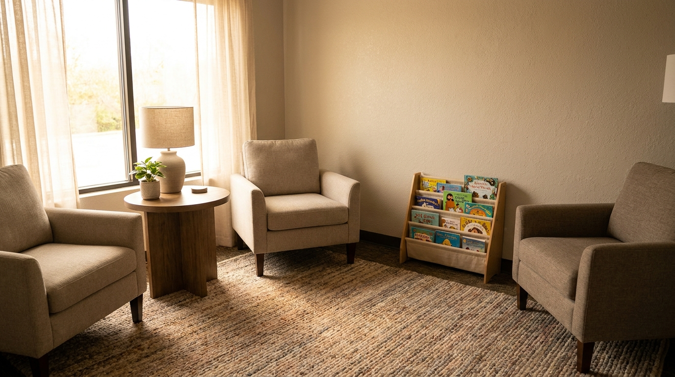 An empty, softly lit waiting room with a low bookshelf of children's books, a small round table, and two adult-sized armchairs, no people visible
