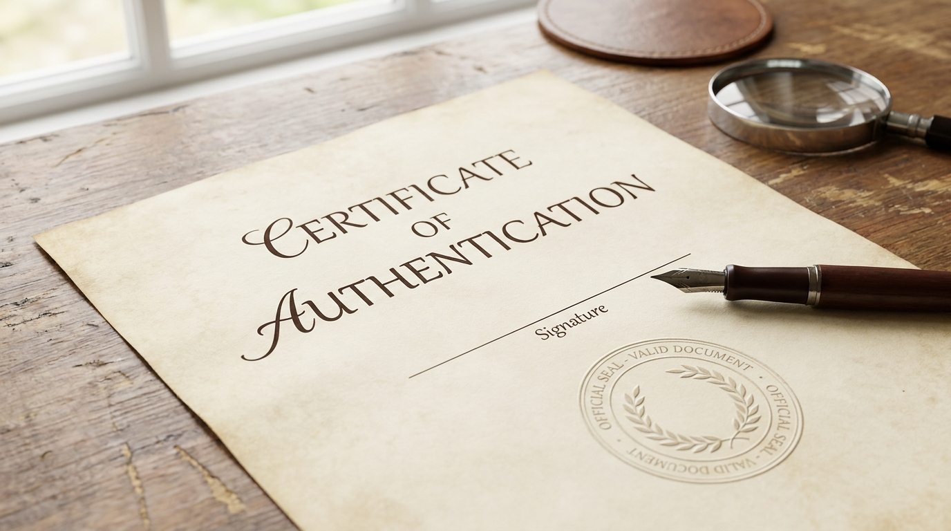 A generic official certificate document with a round embossed stamp and a fountain pen resting beside it on a wooden desk