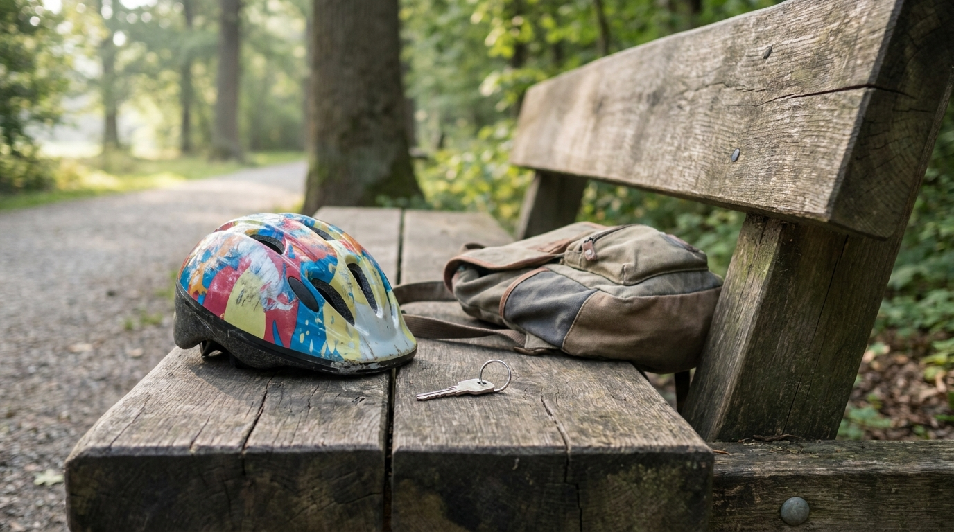 A child's bicycle helmet resting on a wooden bench beside a small backpack and a house key