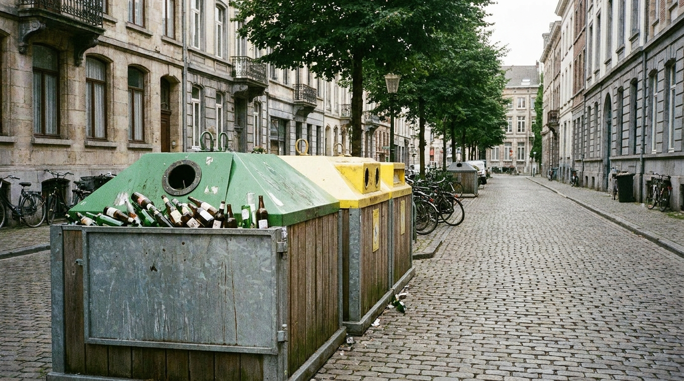 A recycling collection point with separate glass and plastic bins on a Munich street
