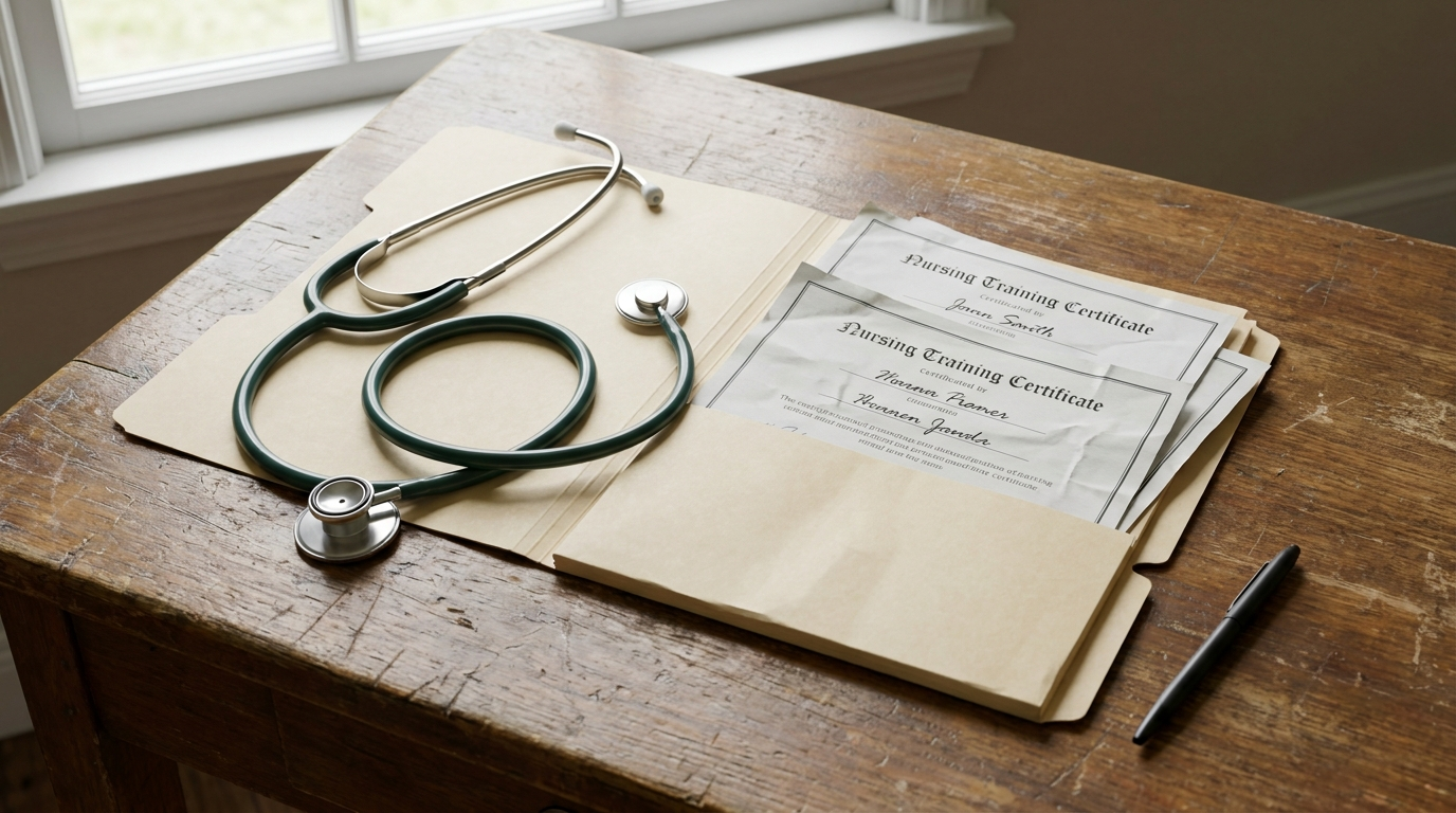 A stethoscope resting beside a folder of nursing training certificates and a pen on a desk