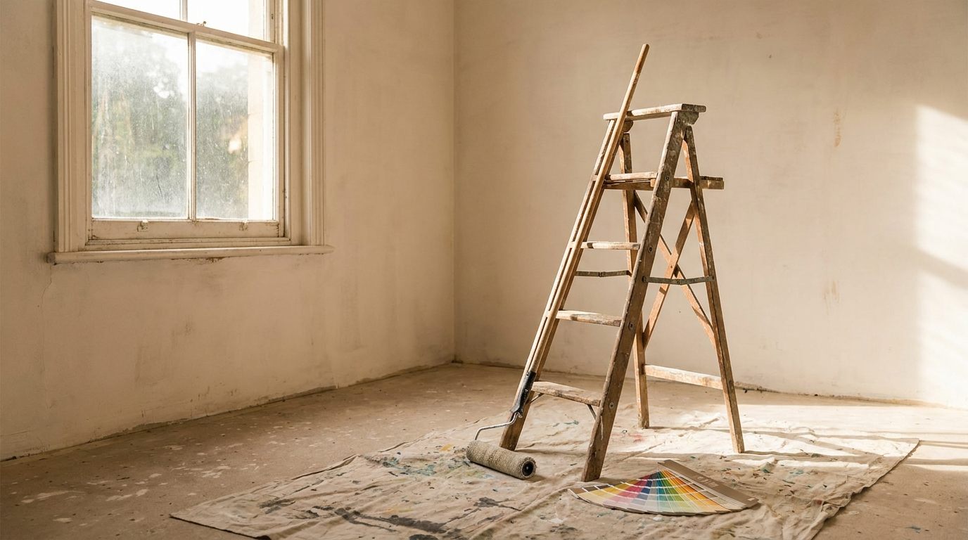A paint roller, a color swatch card, and a small stepladder set up in an empty room with light streaming through the window