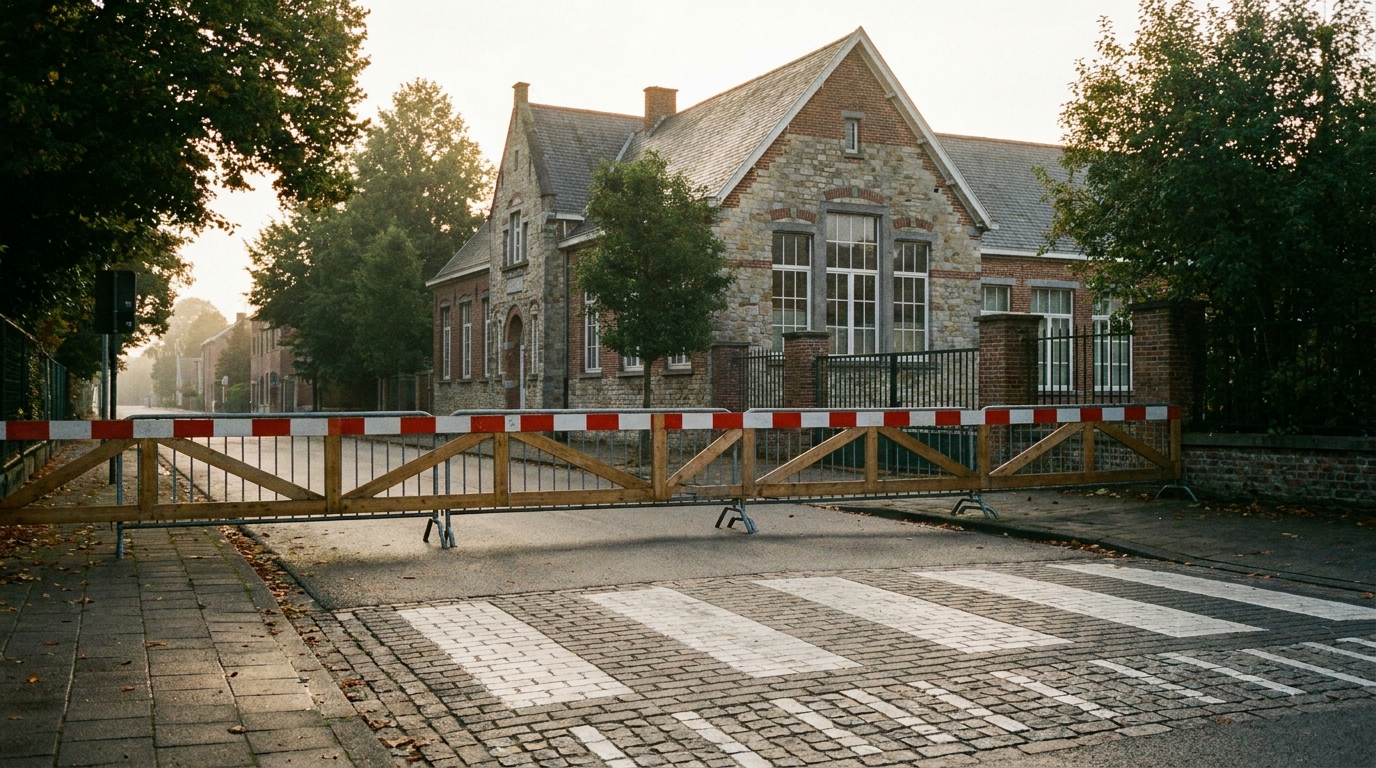 A residential street with a road closure barrier and a pedestrian crossing near a school entrance