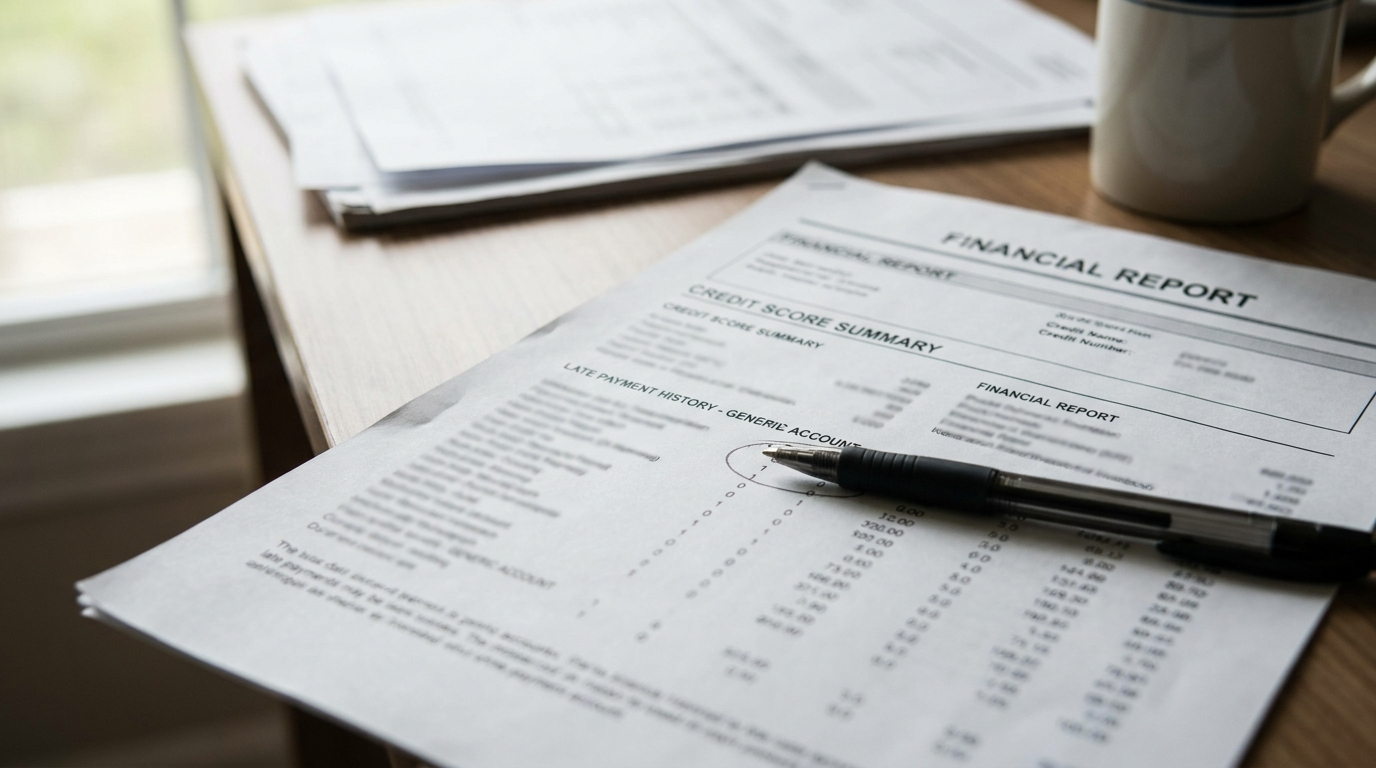 A printed credit report with a pen circling one line item, resting on a desk