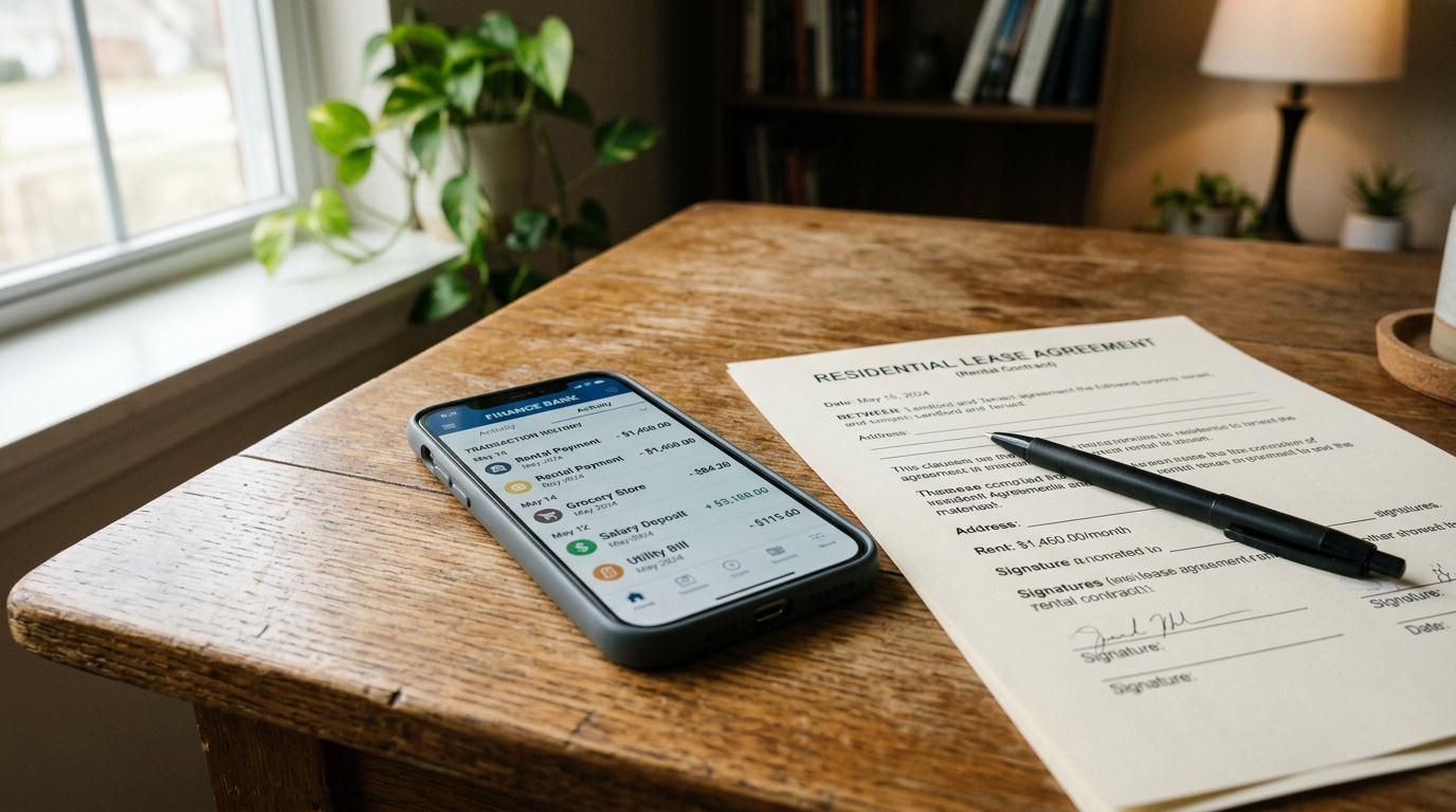 A smartphone displaying a generic banking app transaction list resting next to a printed rental contract and a pen on a desk