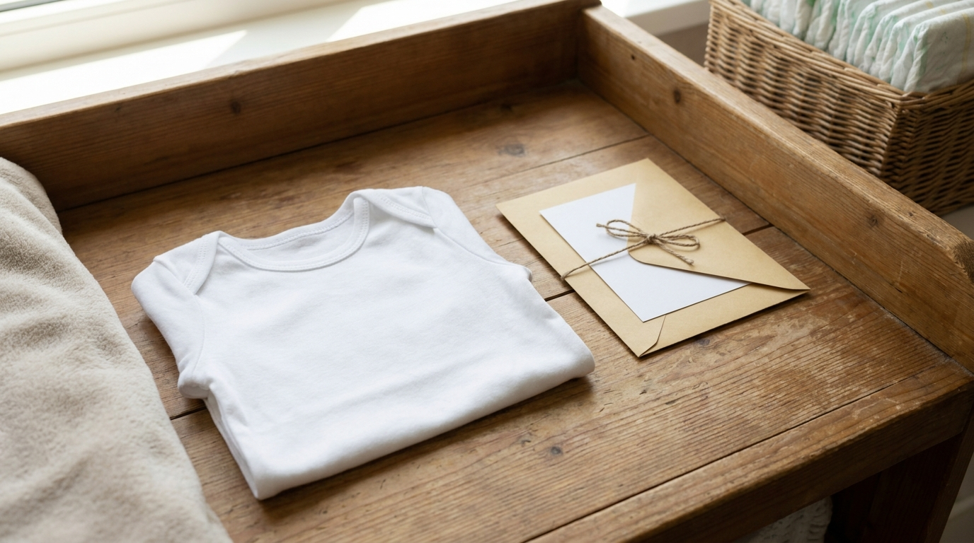 A baby's onesie folded next to a blank official-looking letter in a plain envelope on a changing table