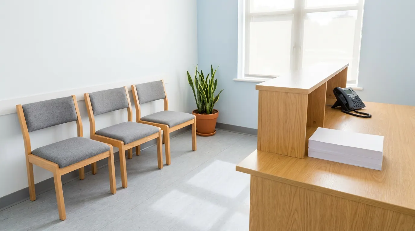 Una sala de espera limpia y moderna con sillas de madera, una pequeña planta, y un mostrador de recepción, el tipo de oficina de asesoramiento tranquila a la que iría un progenitor a preguntar por cuidado vacacional de emergencia