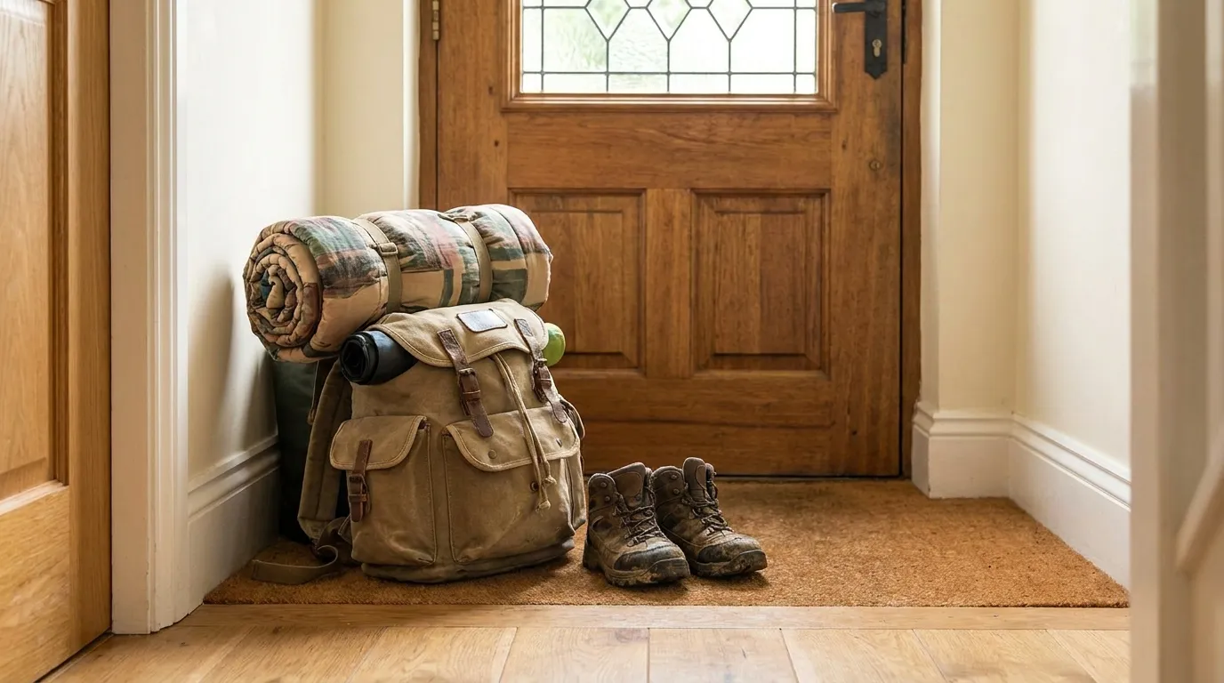 Ein gepackter kindergroßer Rucksack und ein zusammengerollter Schlafsack stehen neben einer Haustür, bereit für die Abreise