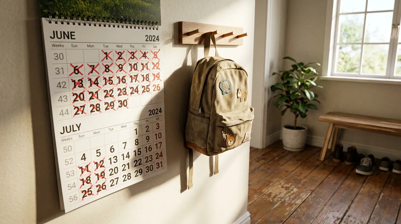Ein Wandkalender mit mehreren rot durchgestrichenen Sommerwochen, daneben ein kleiner Kinderrucksack an einem Haken