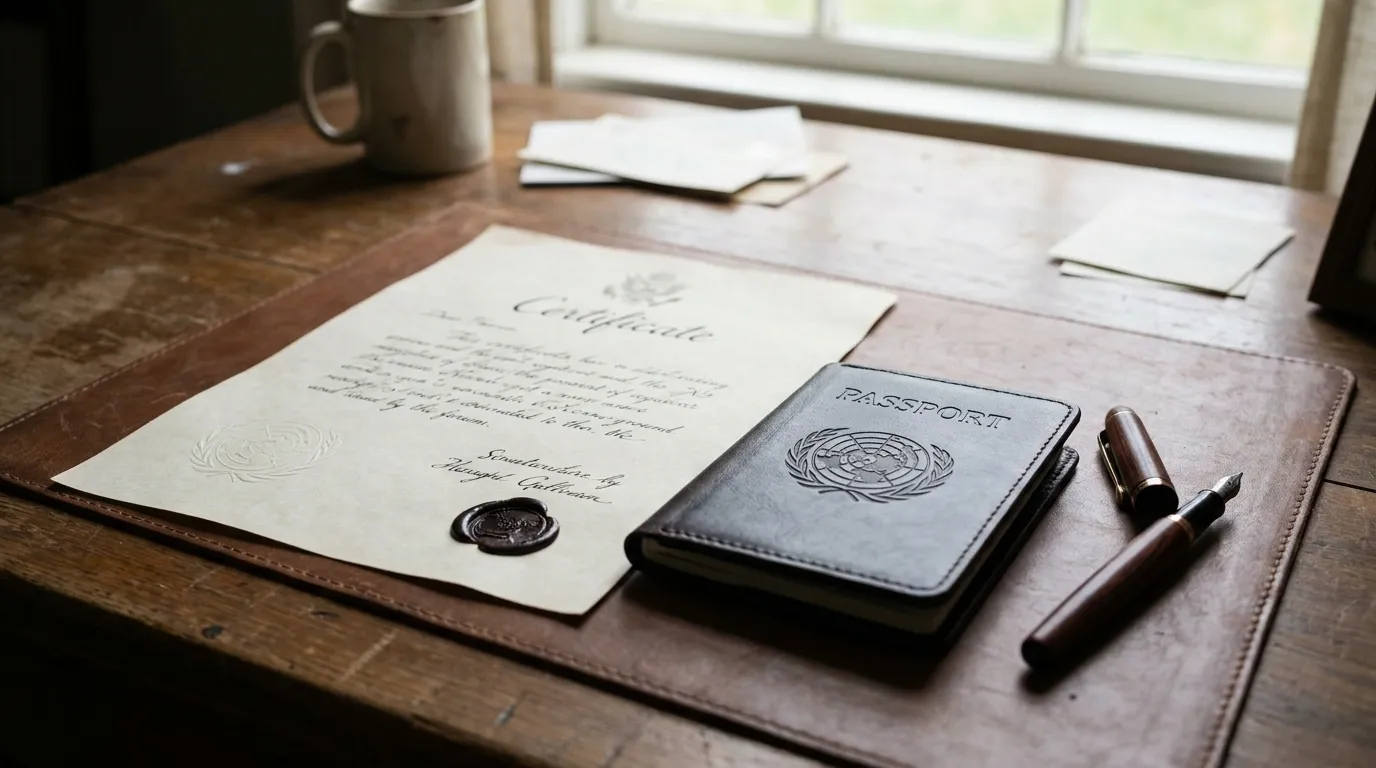 An official-looking paper certificate and a passport resting on a desk next to a fountain pen