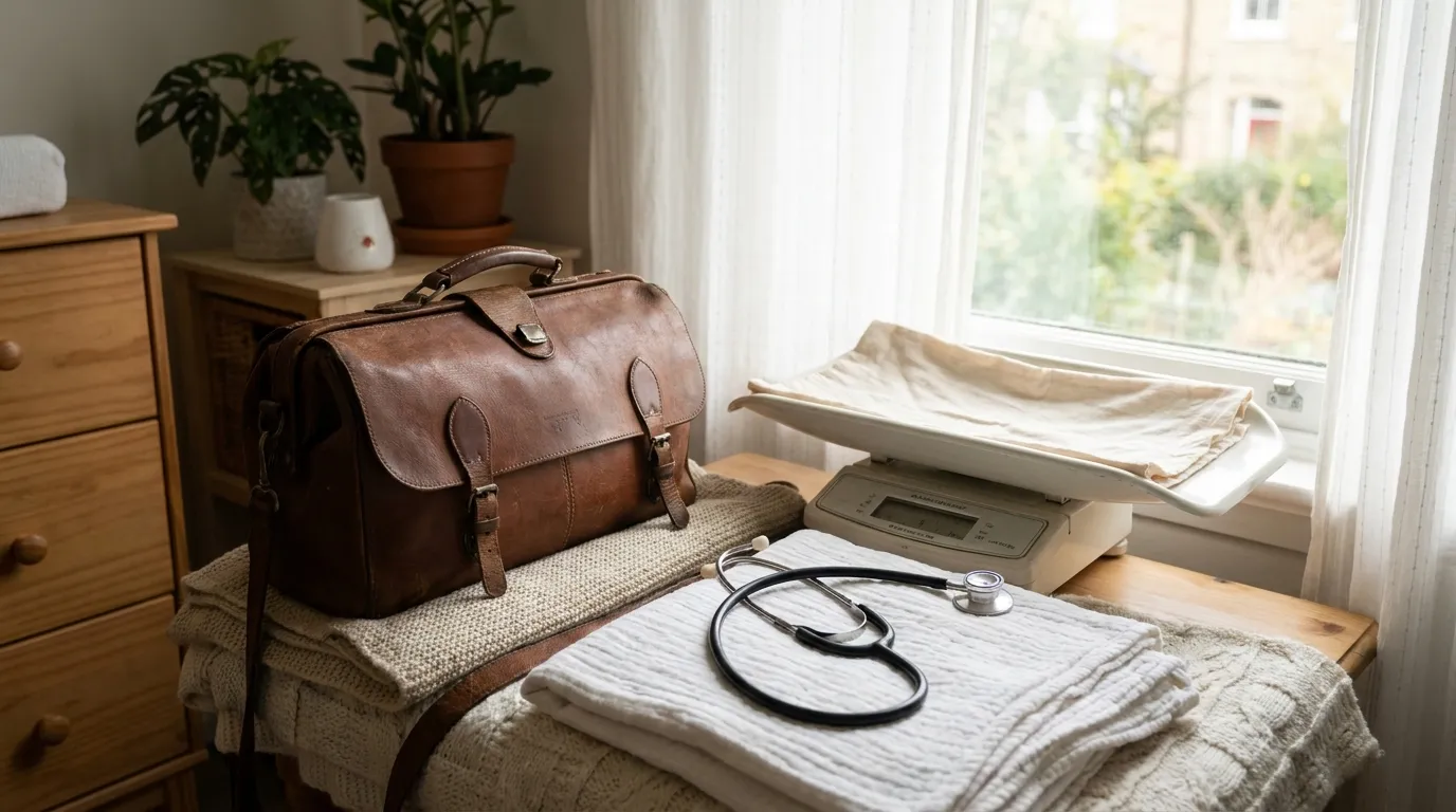A midwife's home-visit bag, a baby weighing scale, and a stethoscope resting on a folded blanket