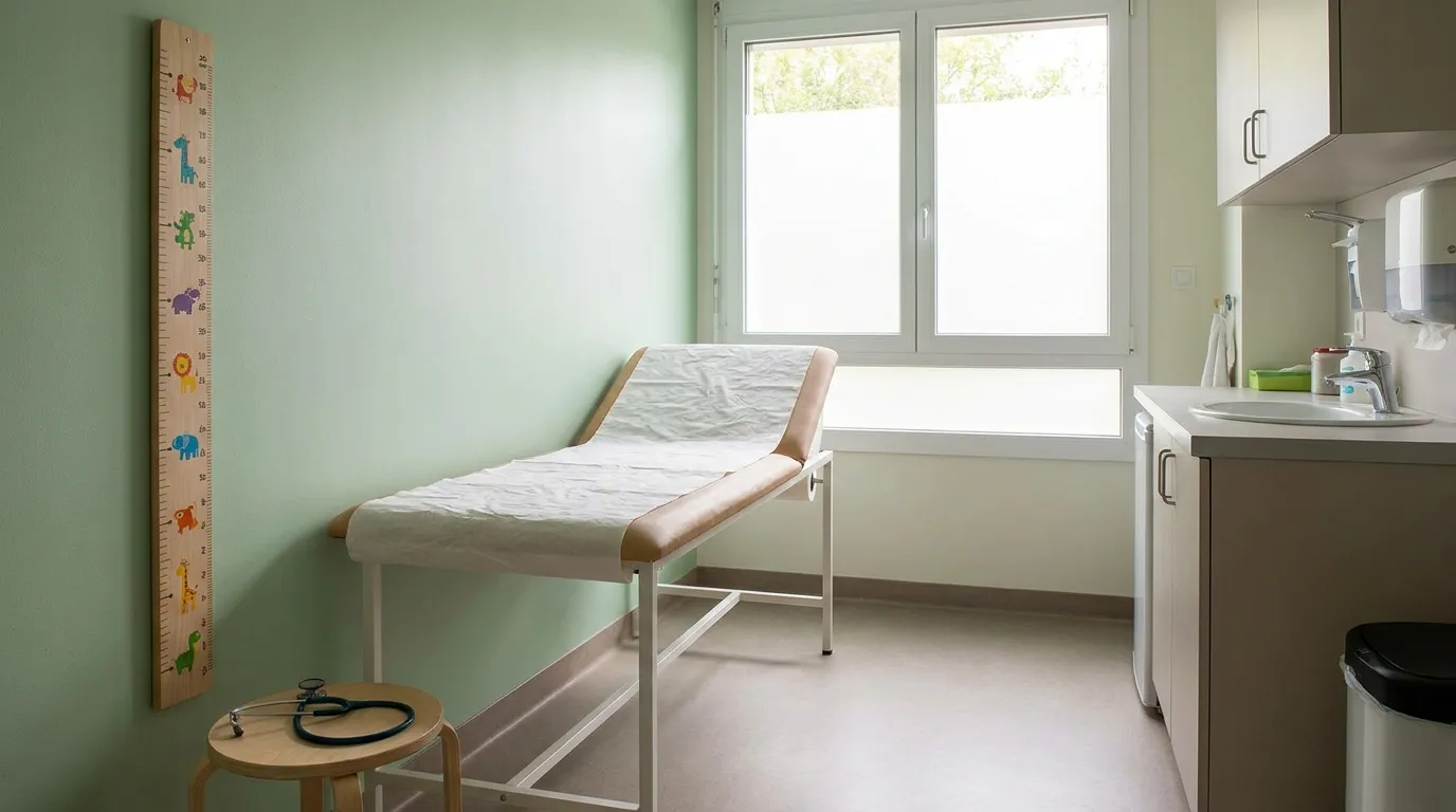 An empty pediatric examination room with a small exam table and a height chart on the wall
