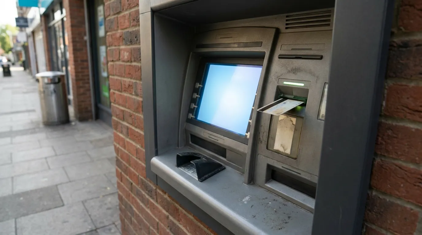 Ein Geldautomat im Freien mit halb eingeführter Bankkarte und einem noch leeren Auswahlbildschirm für die Währung