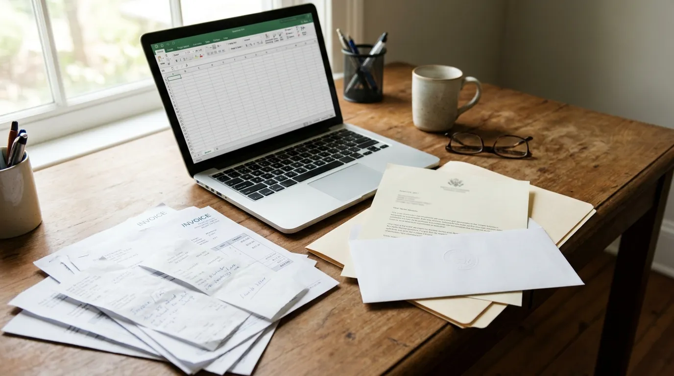 A freelancer's home desk with a laptop, a stack of invoices, and an official-looking letter