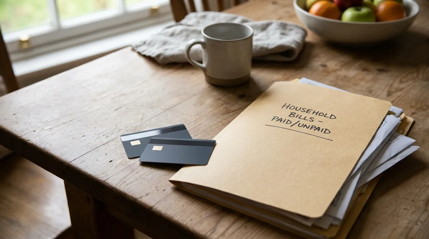 Dos tarjetas bancarias y una carpeta de facturas domésticas juntas sobre una mesa de cocina
