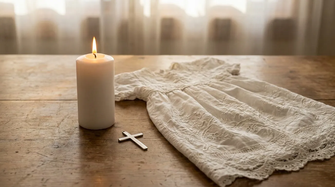 A white christening candle and a lace baptismal gown laid out on a table near a small cross
