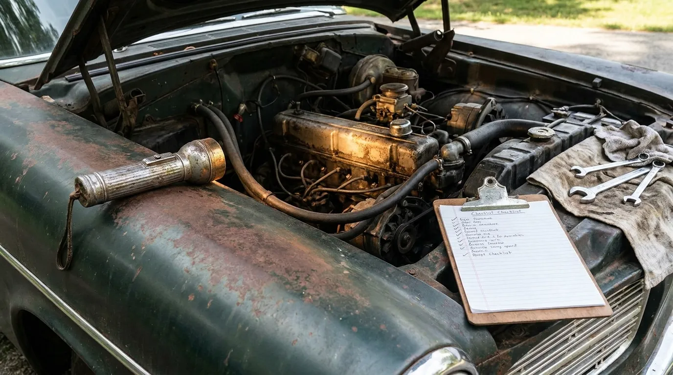 Eine offene Motorhaube eines Autos wird mit einer Taschenlampe und einem auf dem Kotflügel liegenden Klemmbrett geprüft